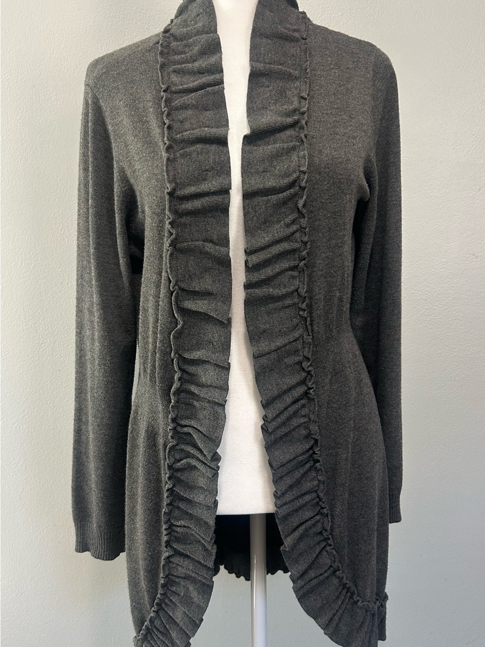 Women's Dark Gray Ruffled Duster Cardigan Sweater